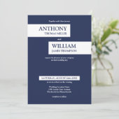 Moderne blaue Streifen geometrische Hochzeit Einladung (Stehend Vorderseite)