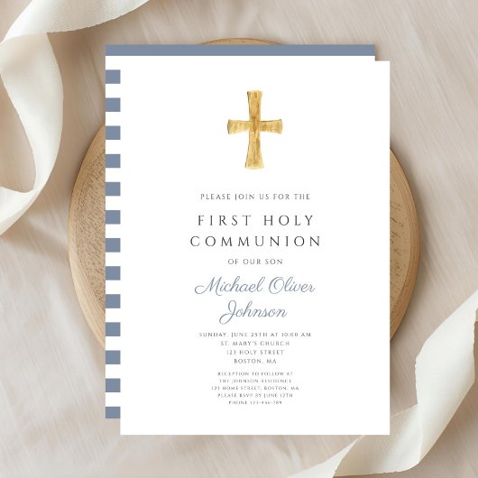 Moderne blaue Streifen kreuzen junge Erste Kommune Einladung