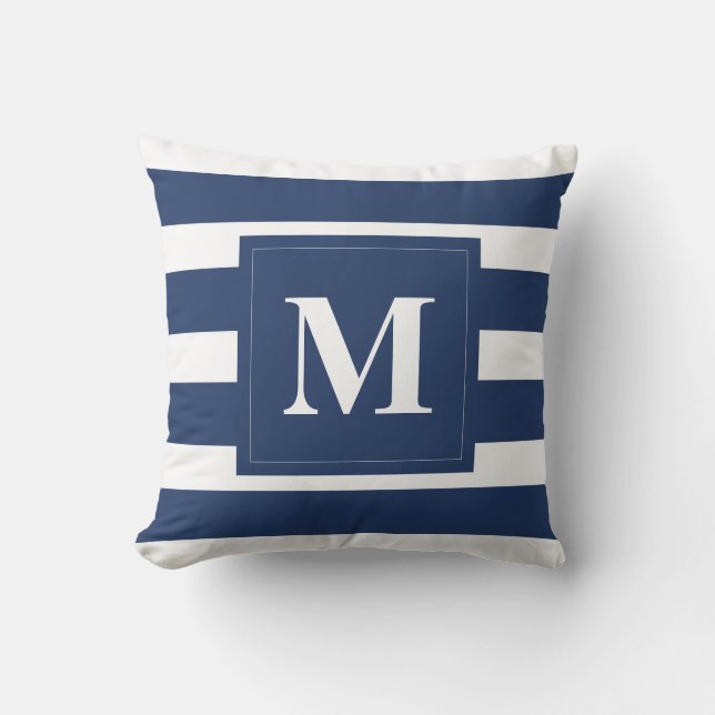 Moderne blaue Streifen mit Monogram-Kissen Kissen (Vorderseite)