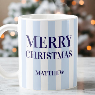 Moderne blaue Streifen Personalisiert frohe Weihna Kaffeetasse