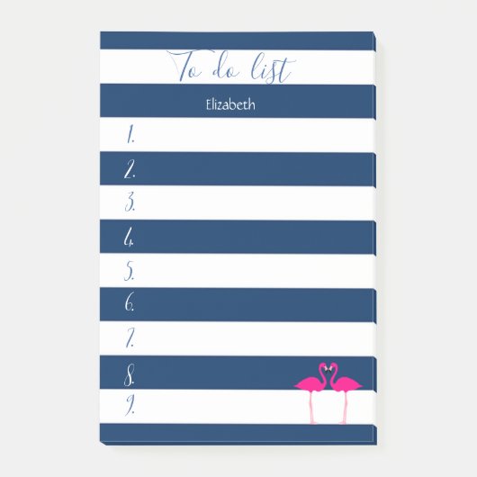 Moderne, blaue Streifen, rosa Flamingos, um eine L Post-it Klebezettel (Vorderseite)