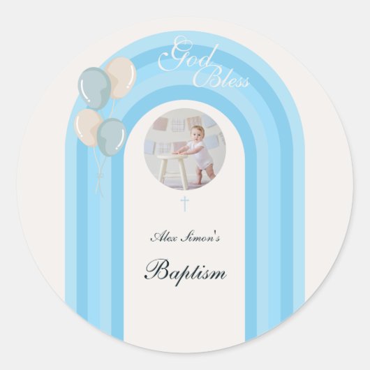 Moderne Blaue Taufe mit individuellem Foto Runder Aufkleber (Vorderseite)
