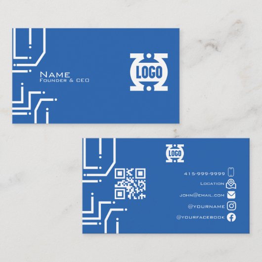 Moderne blaue Tech-Leiterplatte QR-Code Visitenkarte (Vorne/Hinten)