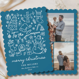 Moderne Blaue Tis the Season Weihnachts-Doodle Feiertagskarte