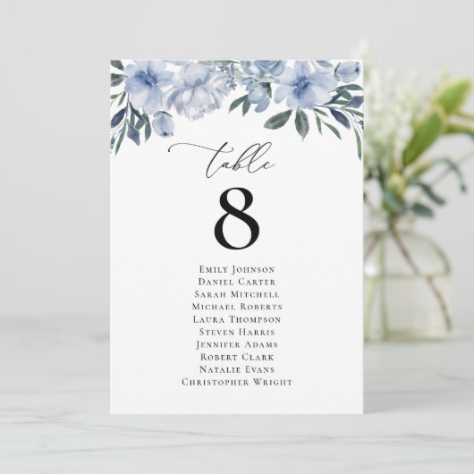 Moderne blaue Tischnummer Sitzkarte (Stehend Vorderseite)