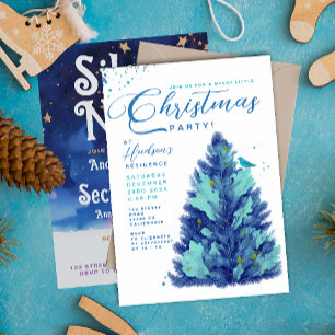 Moderne Blaue Türkis Frohe Weihnachtsbaum-Party   Einladung