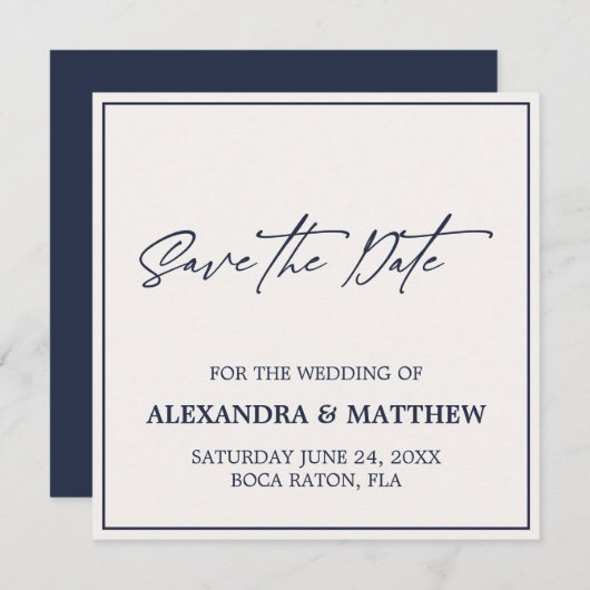 Moderne, blaue Typografie von Elfenbein und Navy S Save The Date (Vorne/Hinten)