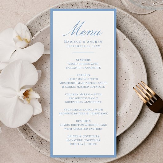 Moderne blaue Umrandung Hochzeit Menükarte