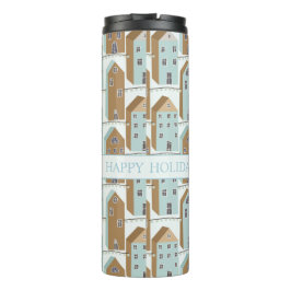 Moderne blaue und braune Stadthäuser "Happy Holida Thermosbecher