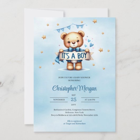 Moderne blaue und braune Teddybären, ein Junge Einladung (Vorderseite)