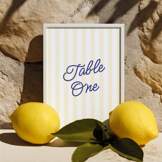 Moderne blaue und gelbe gestreifte Hochzeitstisch- Einladung