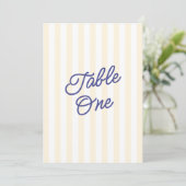 Moderne blaue und gelbe gestreifte Hochzeitstisch- Einladung (Stehend Vorderseite)