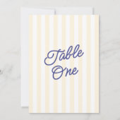 Moderne blaue und gelbe gestreifte Hochzeitstisch- Einladung (Rückseite)
