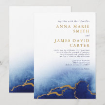 Moderne blaue und goldene Aquarell-Hochzeitseinlad