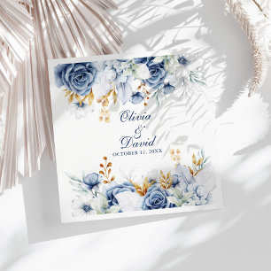 Moderne Blaue und Goldene Florale Hochzeit Serviette
