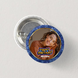 Moderne blaue und goldene Glitter-Foto-Name-Geburt Button