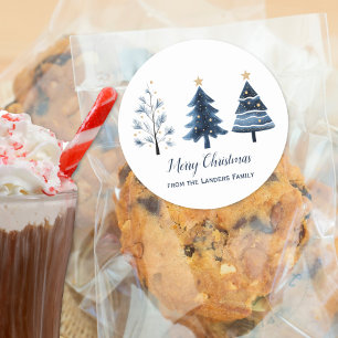 Moderne blaue und goldene Weihnachtsbäume Runder Aufkleber