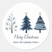 Moderne blaue und goldene Weihnachtsbäume Runder Aufkleber (Vorderseite)