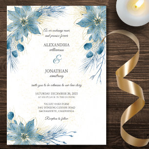 Moderne Blaue und Goldene Weihnachtsstern-Hochzeit Einladung