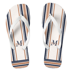 Moderne blaue und goldene weiße Streifen Monogramm Badesandalen