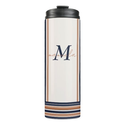 Moderne blaue und goldene weiße Streifen Thermosbecher (Vorderseite)