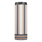 Moderne blaue und goldene weiße Streifen Thermosbecher (Rückseite)