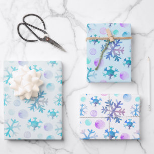 Moderne blaue und Lila Schneeflocken Weihnachten Geschenkpapier Set