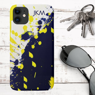 Moderne Blaue und Mais-Monogramm-Farbspritzer Case-Mate iPhone Hülle
