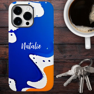 Moderne blaue und orangefarbene Mal-Spritzer-Monog Case-Mate iPhone 14 Pro Max Hülle