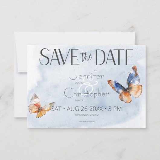 Moderne blaue und rostfarbene Schmetterlinge Hochz Save The Date (Vorderseite)