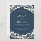 Moderne blaue und silberne botanische Hochzeit Einladung (Vorderseite)