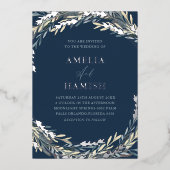 Moderne blaue und silberne botanische Hochzeit Folieneinladung (Vorderseite)