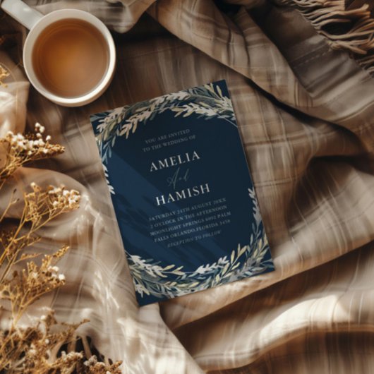 Moderne blaue und silberne botanische Hochzeit Folieneinladung