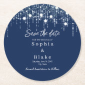 Moderne blaue und weiße Hangleuchten Save the Date Runder Pappuntersetzer (Vorderseite)