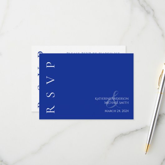 Moderne blaue und weiße Hochzeit RSVP Karte (Vorderseite/Rückseite Beispiel)
