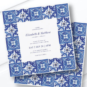 Moderne blaue und weiße mediterrane Fliesen Hochze Einladung