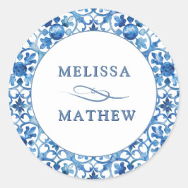 Moderne blaue und weiße Muster Bride & Groom Weddi Runder Aufkleber