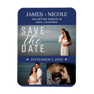 Moderne blaue und weiße Save-the-Date-Hochzeit 3 F Magnet