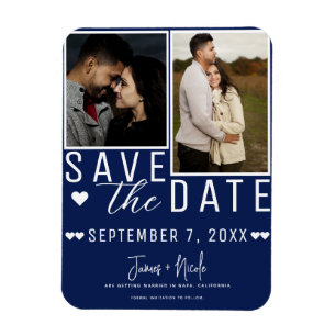 Moderne Blaue und Weiße Save-the-Date-Hochzeit mit Magnet