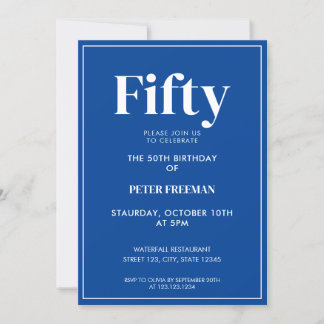 Moderne blaue und weiße Typografie 50. Geburtstag Einladung