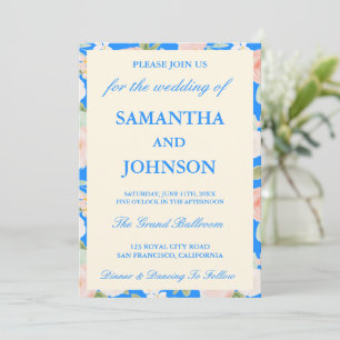 Moderne Blaue Vintage-Elfenbein-Blumen-Monogramm-H Einladung