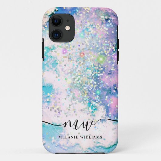 Moderne blaue violette Glitter-Schick-Monogramm Case-Mate iPhone Hülle (Rückseite)