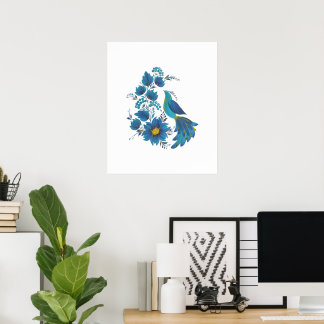 Moderne Blaue Vogel- und Blumen-Petrykivka-Kunst d Poster