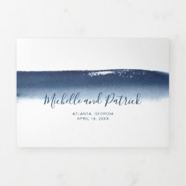 Moderne blaue Wasserfarbe Elegante Hochzeit Dreifach Gefaltete Einladung