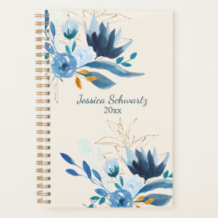 Moderne Blaue Wasserfarbe Florale Personalisiert Planer