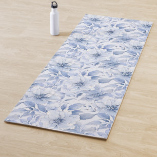Moderne Blaue Wasserfarbe Floralmuster Name Yogamatte