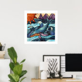 Moderne Blaue Wasserfarbe Whale Küste Poster (Heimbüro)