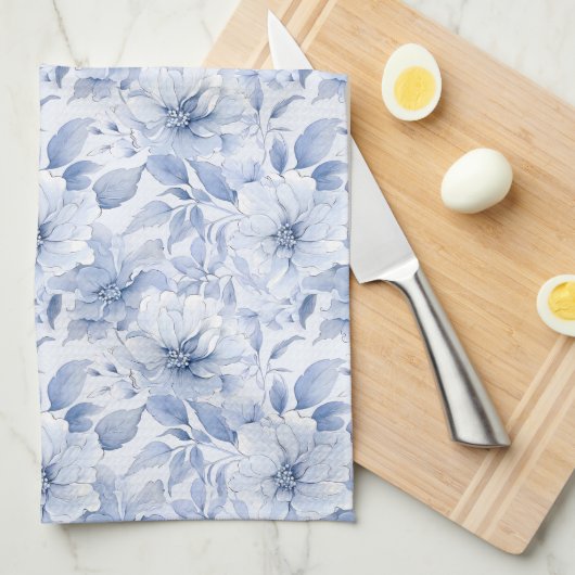 Moderne Blaue Wasserfarben-Blumenmuster Geschirrtuch (Viertel Falte)