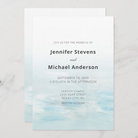 Moderne blaue Wasserfarbenhochzeit Einladung (Vorne/Hinten)