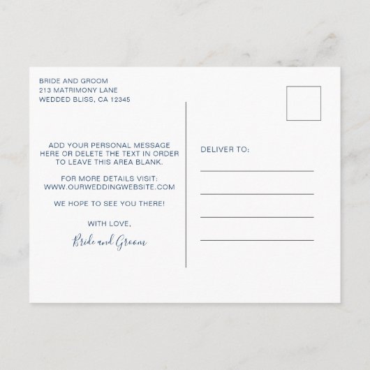 Moderne blaue Wasserfarbenhochzeit rettet das Datu Ankündigungspostkarte (Rückseite)